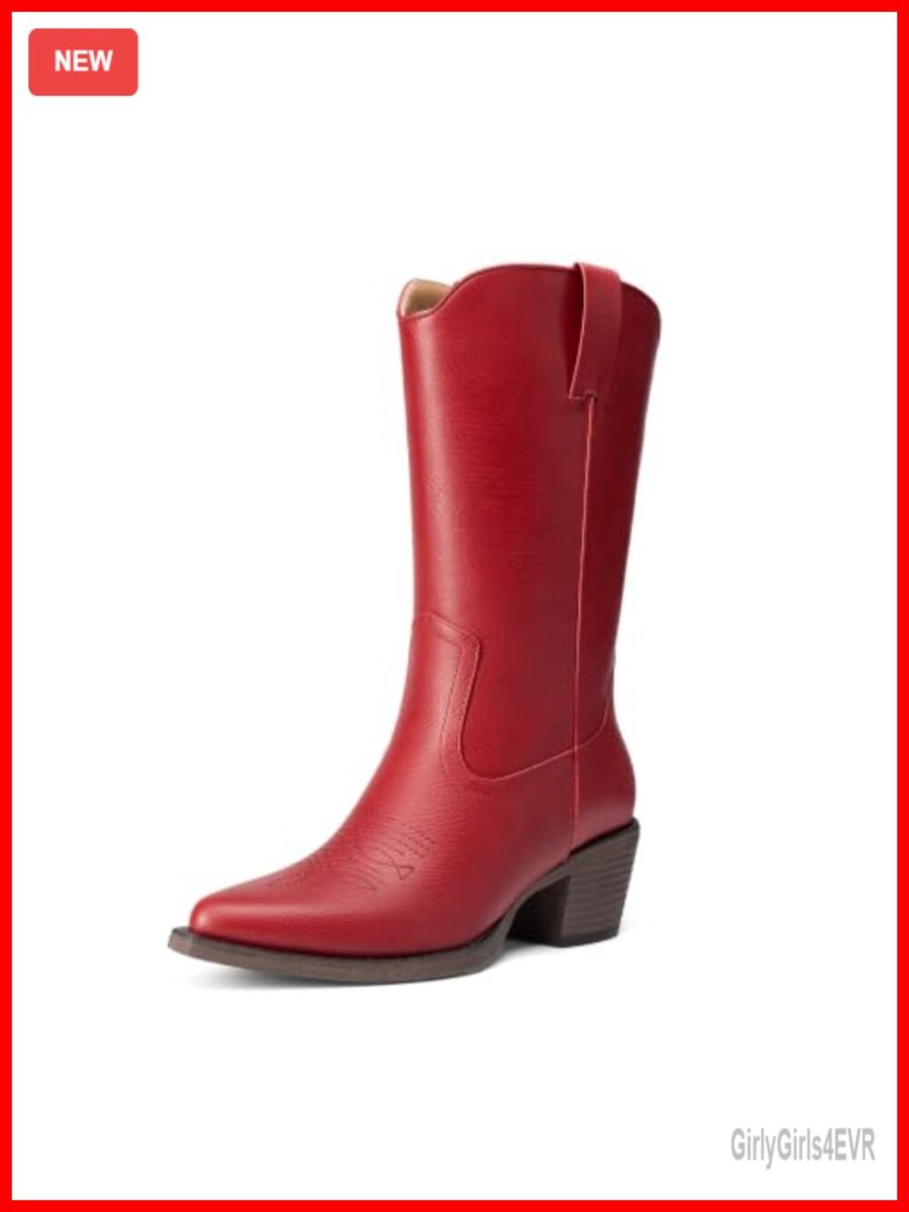 Faux Leather Cowgirl Boots Mid-Calf Pull-On Square Toe Western Slip Resistant
